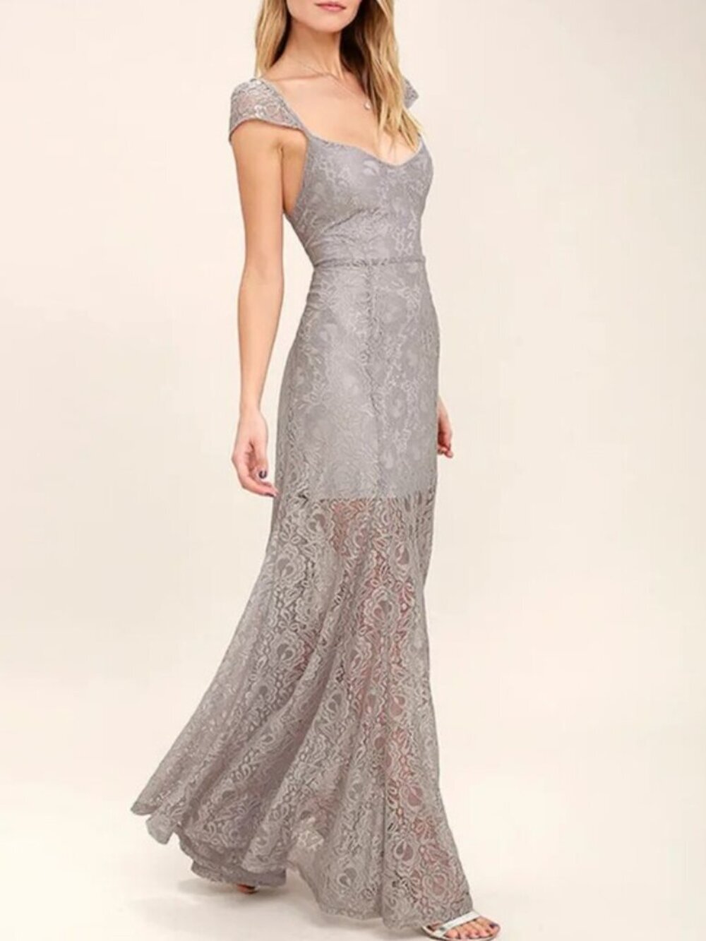 Lulus Evening Dreaming Light Gray Lace Maxi Dress Womens Size S NEW Formal Event